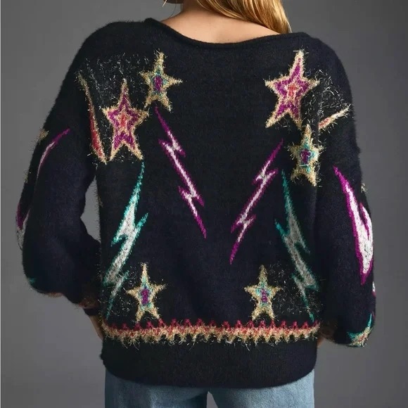 Anthropologie Black Off-Shoulder Star & Lightning Motif Sweater - Picture 2 of 5